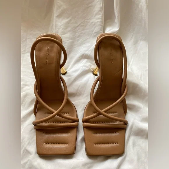 Gia Borghini Tan Strappy Square-Toe Heels with Gold Flared Heel - Picture 4 of 10